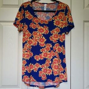 Vibrant Cheerful Blue & Orange Floral Short Sleeve LuLaRoe Classic T Size Small